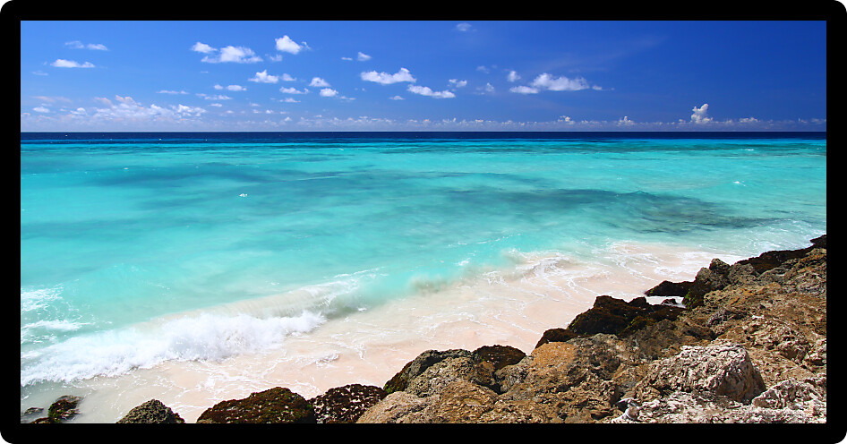 Caribbean view of the Atlantic Ocean from the rocky coast of Barbados.