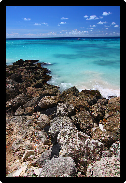 Rocky coastline and crystal clear waters off the Caribbean island of Barbados.