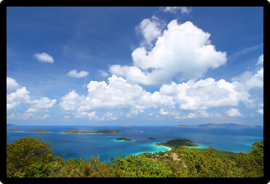 View of Caneel Bay from Caneel Hill on the Caribbean island of Saint John in the US Virgin Islands.