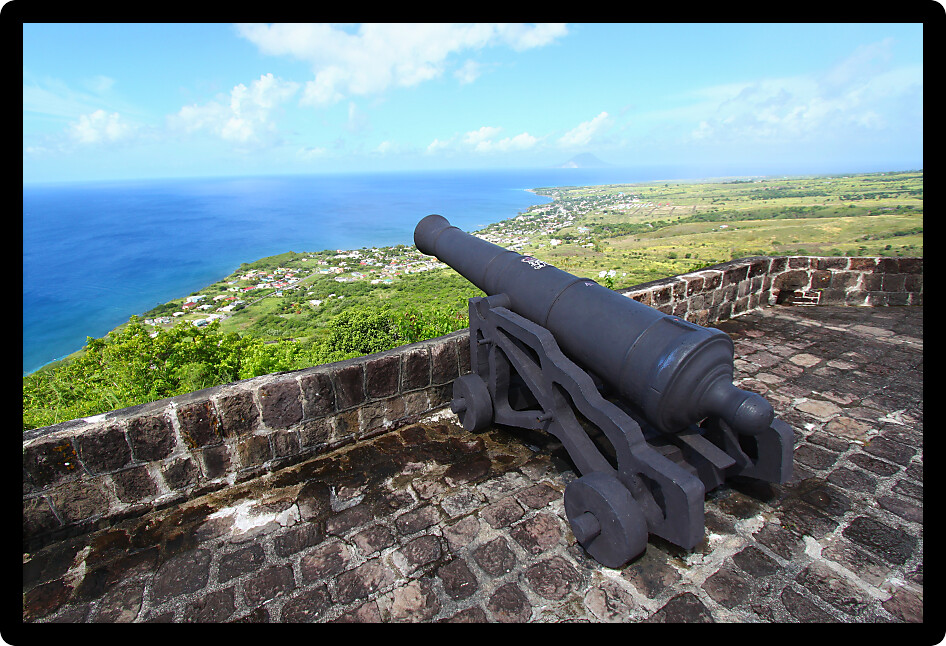Cannon faces the Caribbean Sea at Brimstone Hill Fortress National Park on the island of St Kitts.