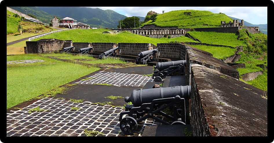 Cannons line the walls at Brimstone Hill Fortress National Park on Saint Kitts.