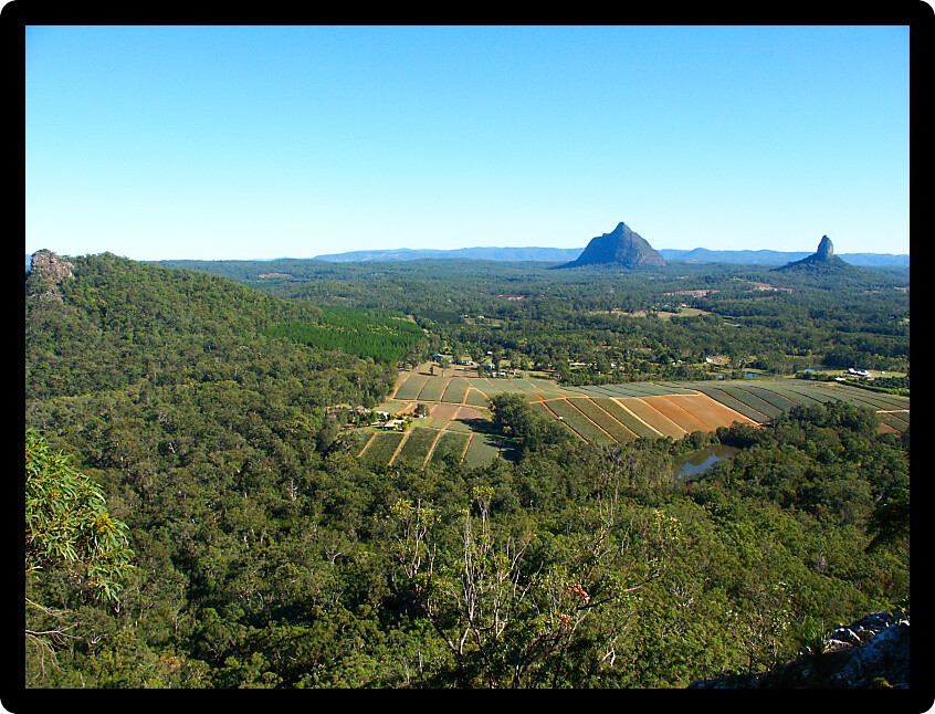 View of the Glass House Mountains area of Queensland Australia from Mount Tibrogargan.
