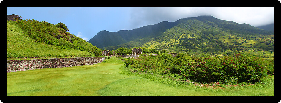 View of Mount Liamuiga from Brimstone Hill Fortress National Park on St Kitts.