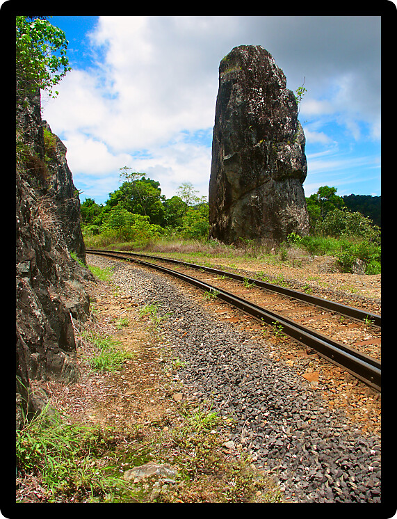 Robbs Monument along the Kuranda Scenic Railway at Barron Gorge National Park in Queensland Australia. 