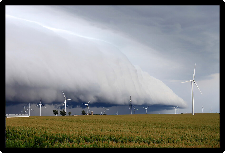 Wind turbines under an ominous shelf cloud in northern Illinois.