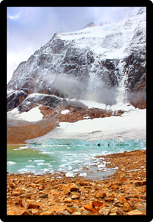 Icebergs float in glaical meltwater from the Angel Glacier in Jasper National Park of Canada.