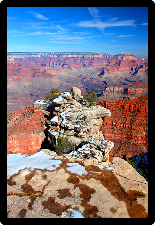 Snow covers the rim of the Grand Canyon in Arizona.