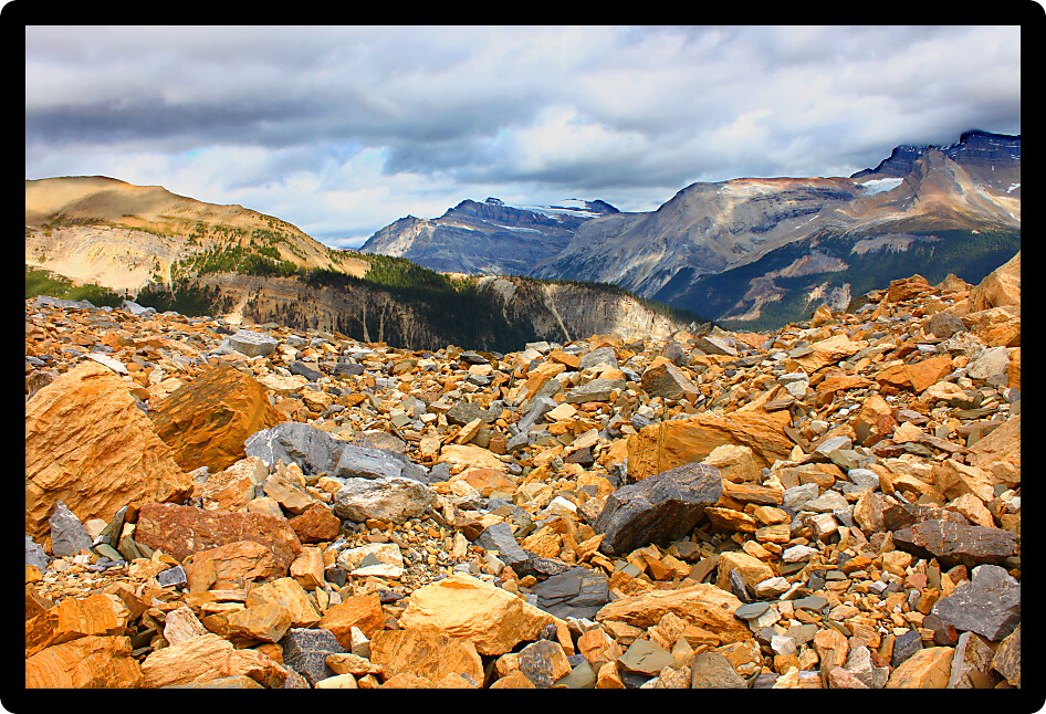 Rocks exposed from receding glaciers of Yoho National Park in Canada.