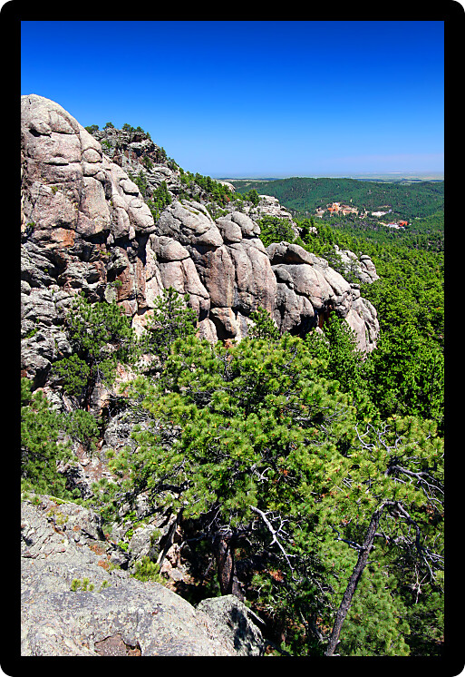 Rock formations scatter the pine forests of Black Hills National Forest in South Dakota.