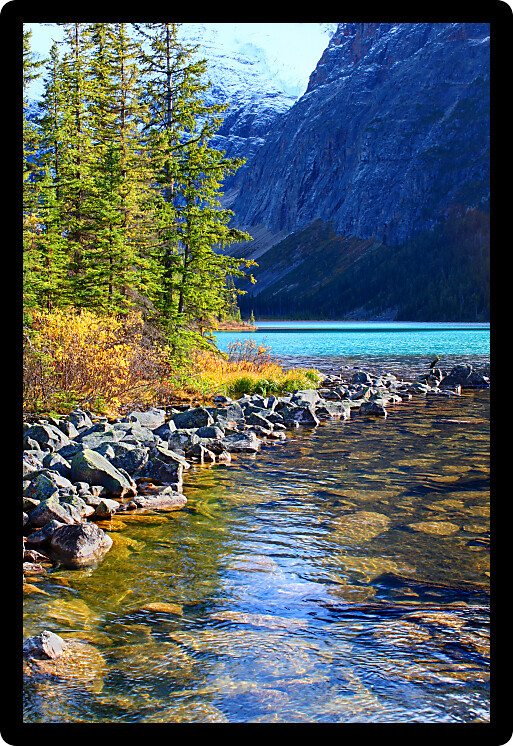 Shoreline of Cavell Lake in Jasper National Park Canada.