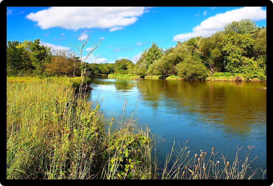 Kishwaukee River flows through Illinois on a beautiful day.