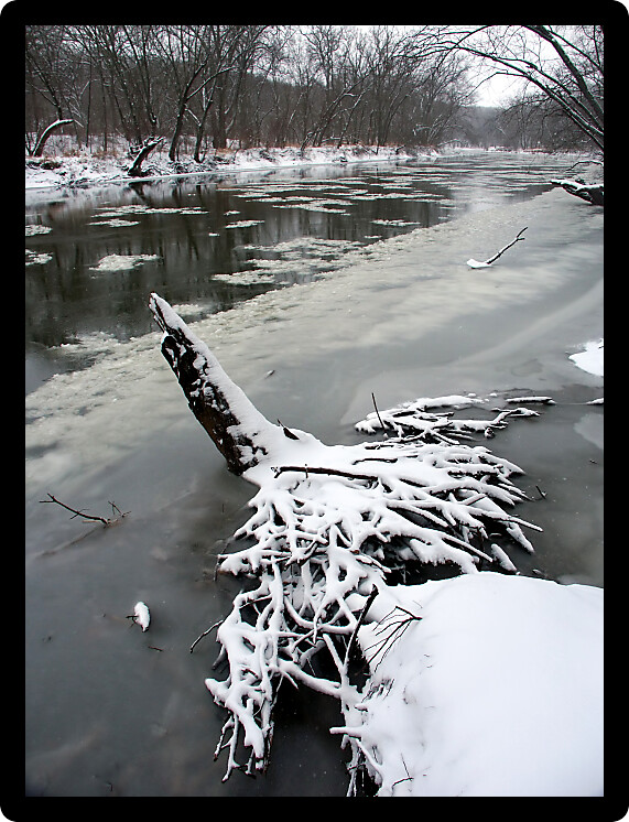 Ice floats down the Kishwaukee River in northern Illinois.