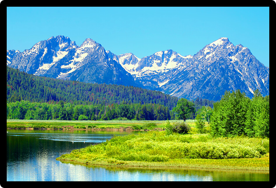 View of Grand Teton National Park over the Snake River in Wyoming.