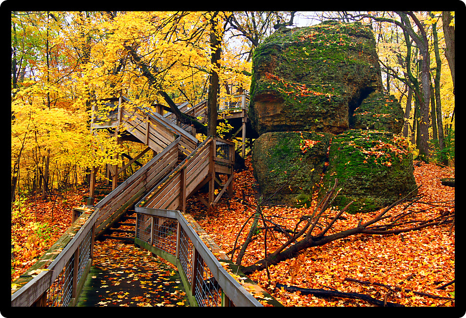 Boardwalk around the Big Rock at Rock Cut State Park in northern Illinois.