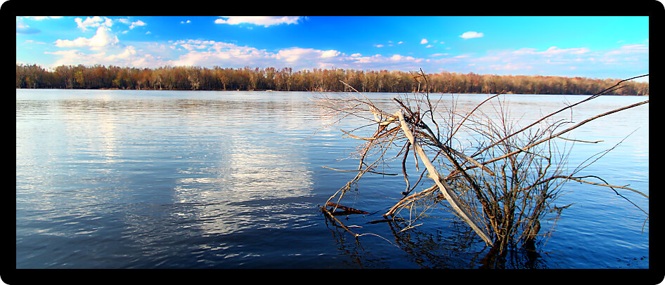 Mississippi River panoramic landscape seen from Andalusia Slough Recreation Area in Illinois.