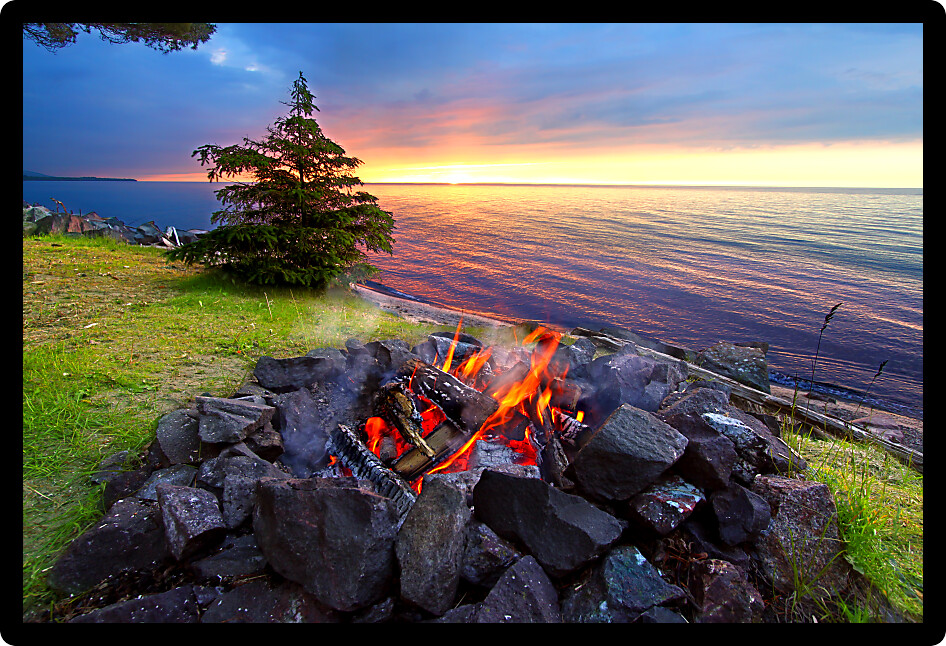 Sunset fire along the beautiful beach of Lake Superior in northern Michigan.