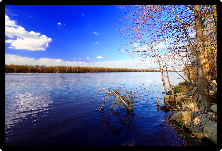 Mississippi River landscape seen from Andalusia Slough Recreation Area in Illinois.
