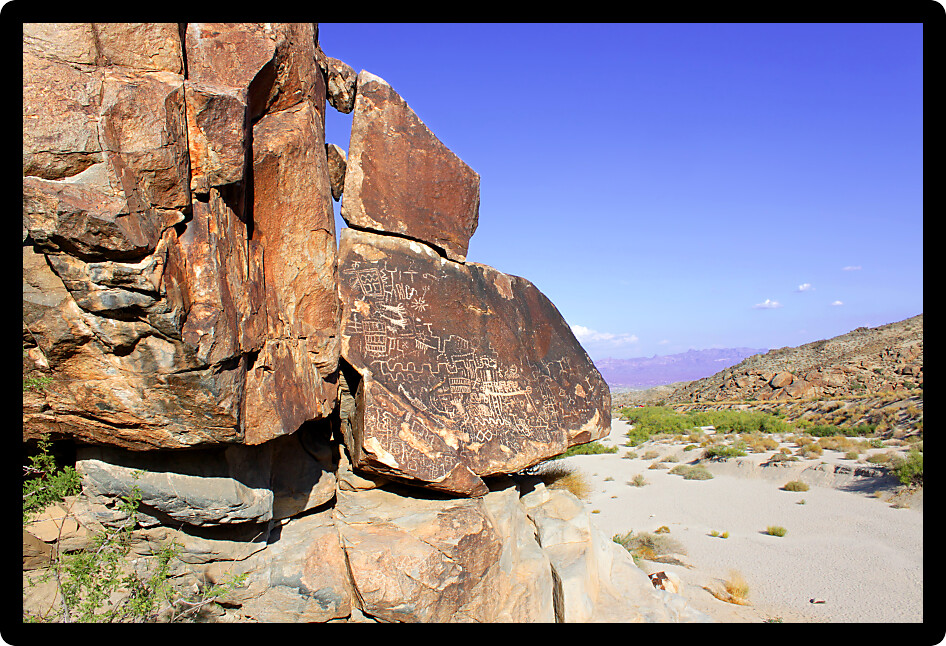 Numerous boulders with petroglyphs can be found at Grapevine Canyon in Nevada.
