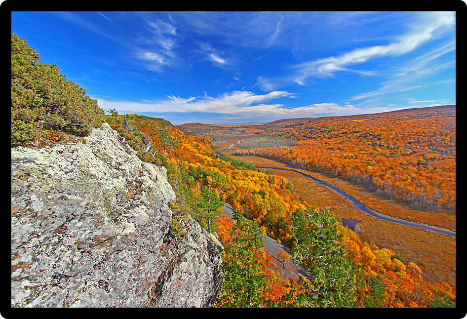 Fall colors of the Big Carp River Valley in Porcupine Mountains Wilderness State Park.