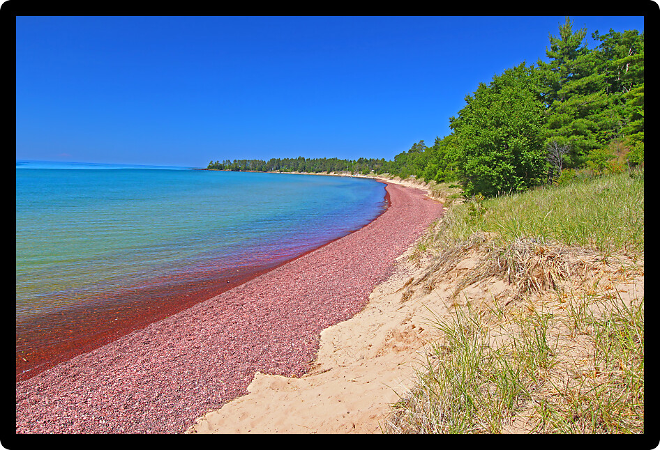 Summer beach landscape along Lake Superior on the Keweenaw Peninsula of Michigan.