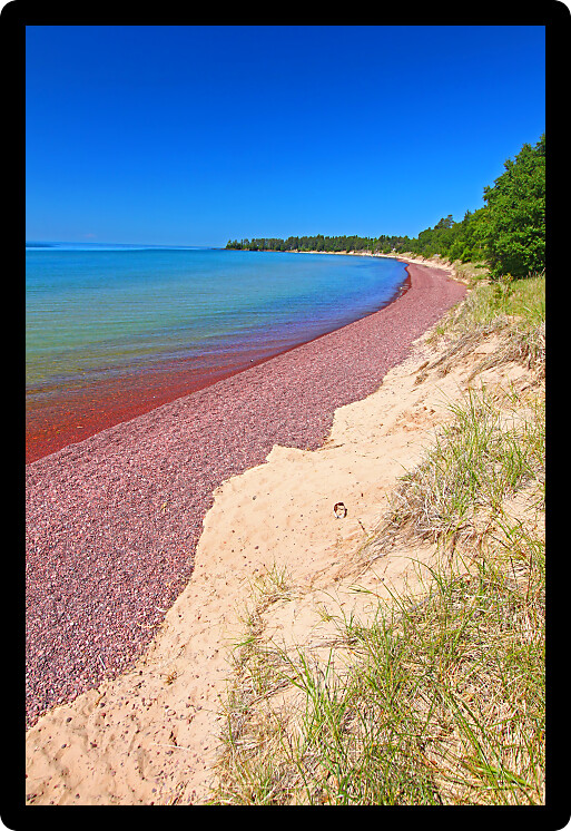 Summer beach landscape along Lake Superior on the Keweenaw Peninsula of Michigan.