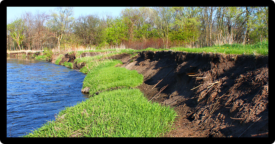 River bank erosion often occurs along meander bends such as this one on the Kishwaukee River in northern Illinois.