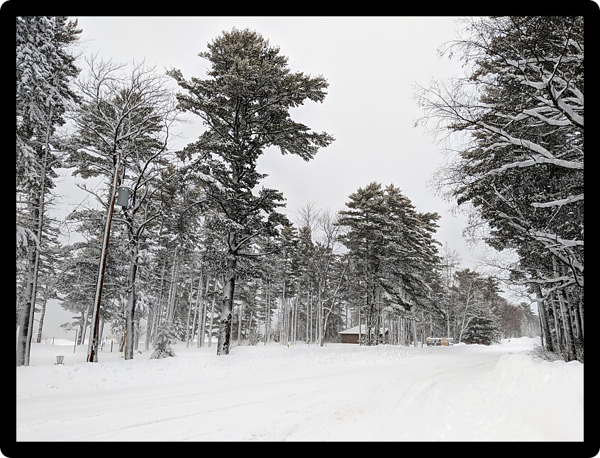View of Ontonagon Township Park on a snowy winter day in northwoods Michigan.
