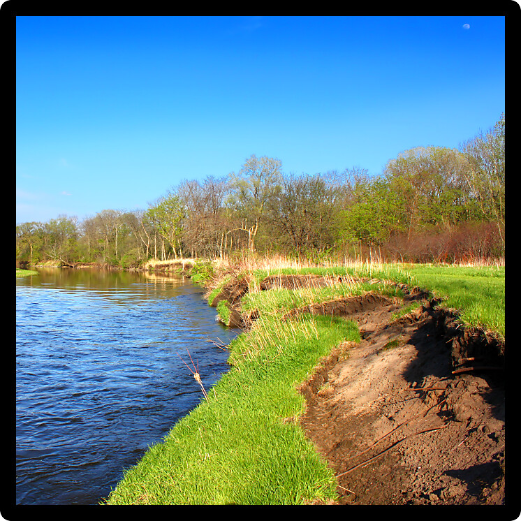 River bank erosion often occurs along meander bends such as this one in the Kishwaukee River in northern Illinois.
