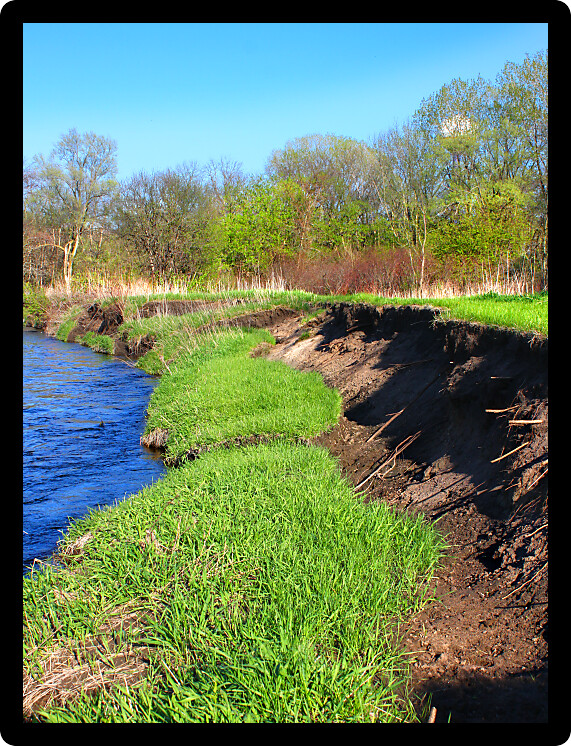 River bank erosion often occurs along meander bends such as this one in the Kishwaukee River in northern Illinois.