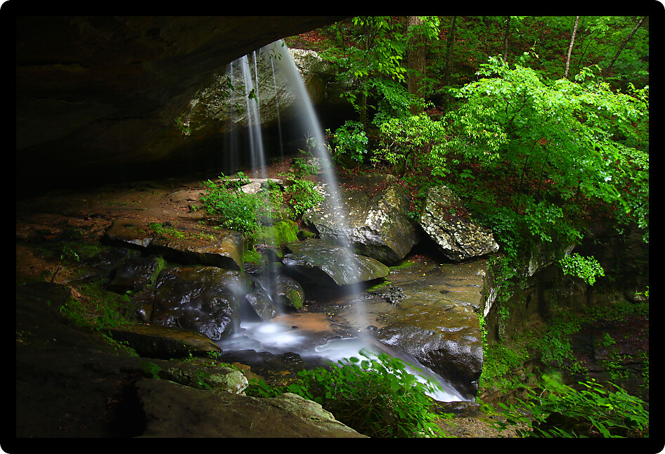 View from behind a tranquil waterfall on Cane Creek in northern Alabama.