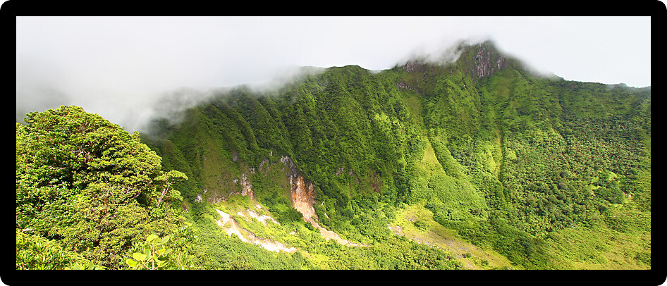 The Crater below cloud covered Mount Liamuiga on Saint Kitts.