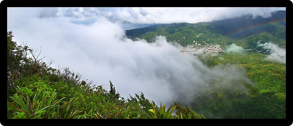 View of Saint Lucia from the cloud covered summit of the Petit Piton.