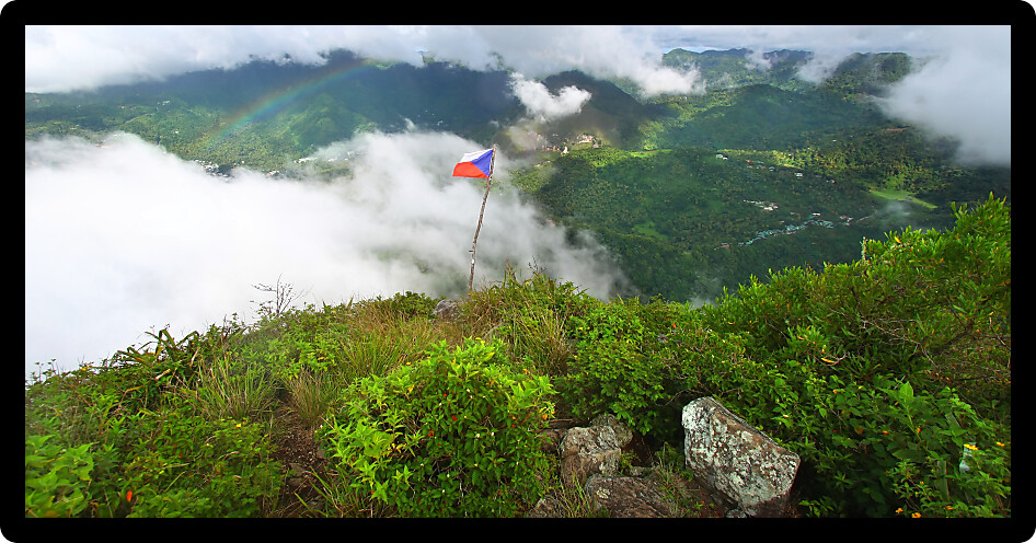 View of Soufriere from the cloud covered summit of the Petit Piton in ainSt Lucia.