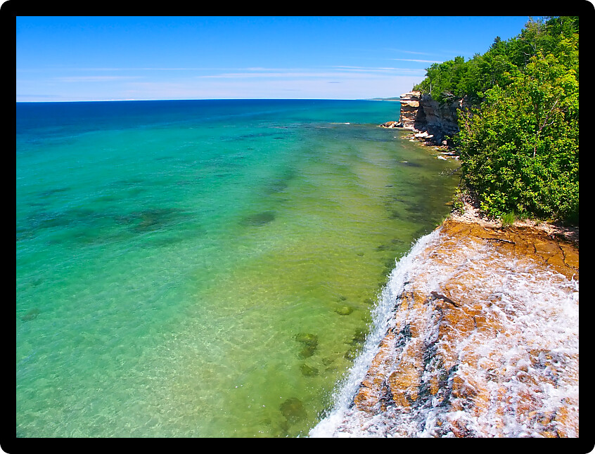View of Lake Superior from the top of Spray Falls at Pictured Rocks National Lakeshore Michigan.