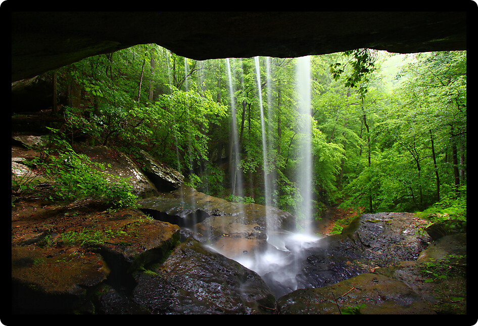 View from behind a tranquil waterfall on Cane Creek in northern Alabama.