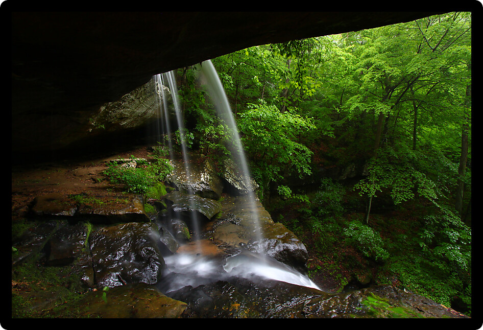 View from behind a tranquil waterfall on Cane Creek in northern Alabama.