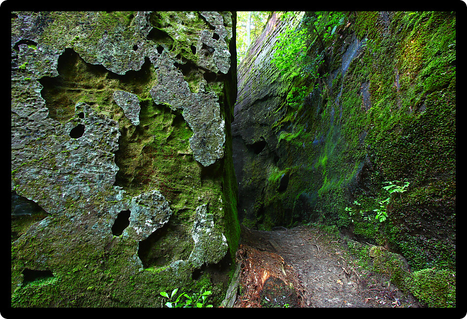 Mossy narrow corridor through giant rocks in Alabama.