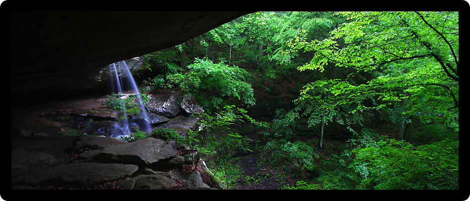 View from behind a tranquil waterfall on Cane Creek in northern Alabama.