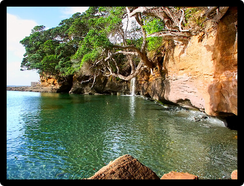 Waterfall flows into the ocean at Goat Island Marine Reserve on the North Island of New Zealand.