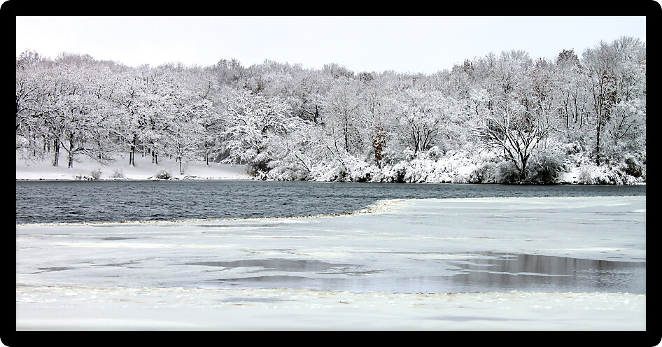 Freshly fallen snow on Pierce Lake at Rock Cut State Park in Illinois.