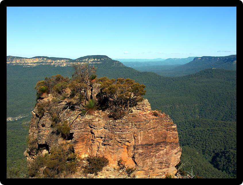 Morning sunlight illuminates a sheer cliff at Blue Mountains National Park of New South Wales Australia.
