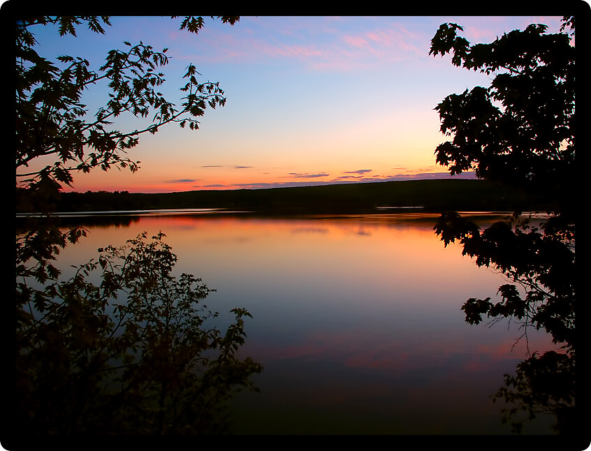 Beautiful Lake Superior sunset framed through vegetation.