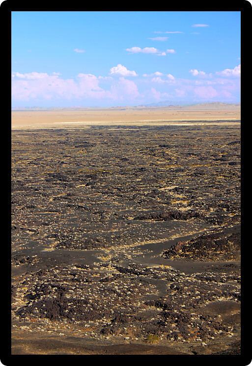 Volcanic rock scatters the desert around Amboy Crater National Natural Landmark in California.