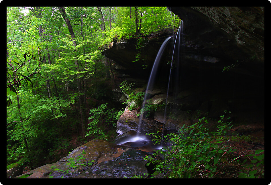 Waterfall flows into a deep canyon in the woodland of northern Alabama.