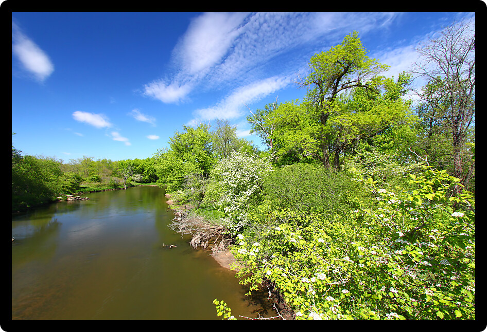 Beautiful blue skies on a spring day along the Kishwaukee River of Illinois.