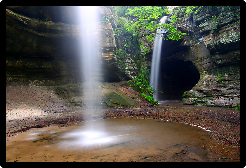 Beautiful waterfalls flow into Tonti Canyon on a spring day at Starved Rock State Park.