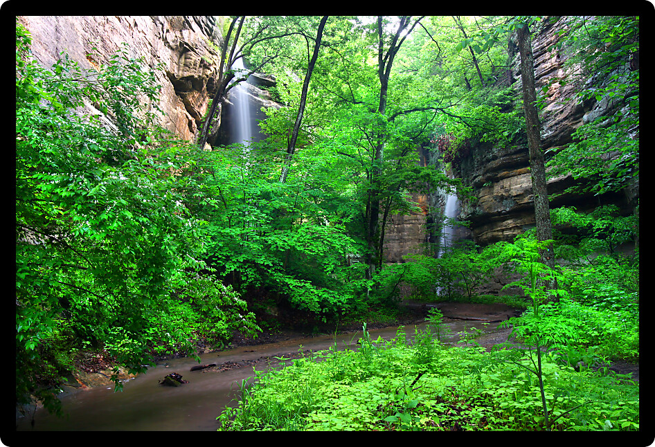 Beautiful waterfalls flow into Tonti Canyon on a spring day at Starved Rock State Park.