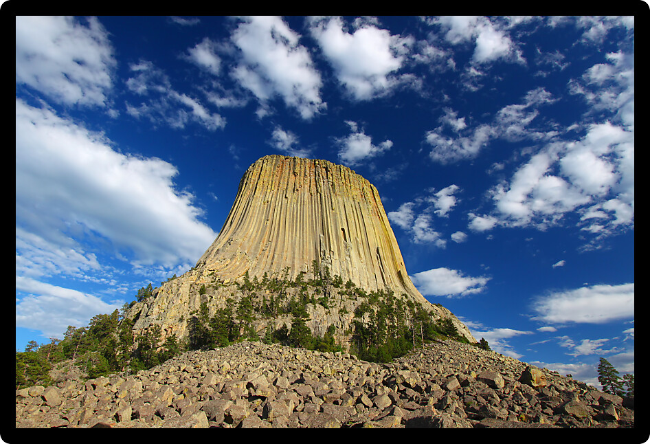 Devils Tower National Monument rises prominently from the landscape of northeastern Wyoming.