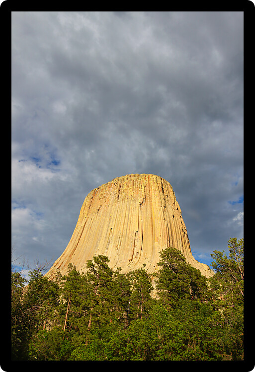 Devils Tower National Monument rises above the forests of northeastern Wyoming.