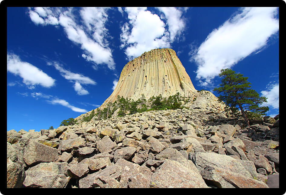 Devils Tower National Monument rises prominently from the landscape of northeastern Wyoming.